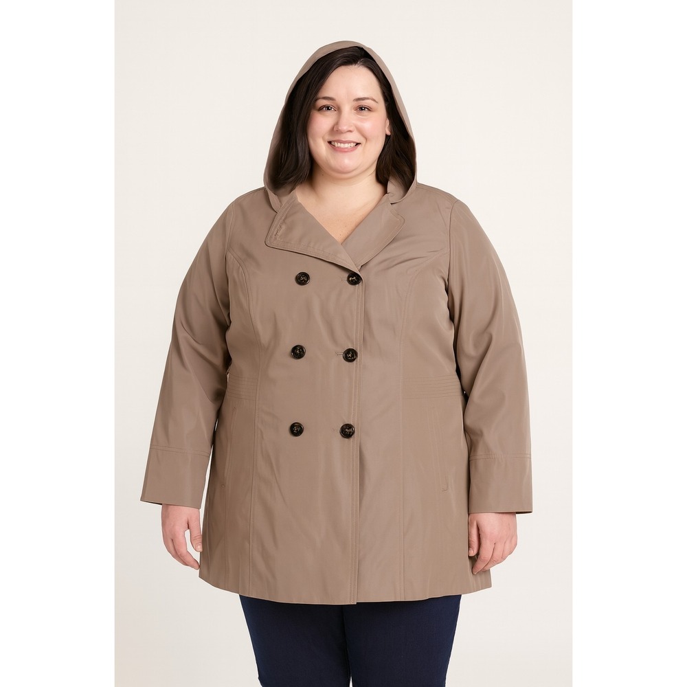 NWT Braetan Women's 2X Tan Hooded Trench Raincoat Jacket 34" Double Breasted